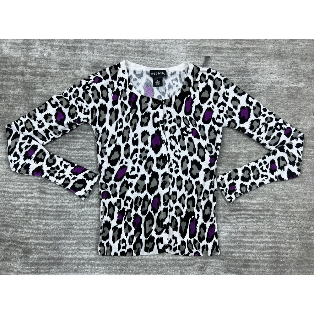Wet Seal Cardigan Womens Small White Leopard Print Y2K Button Front Ribbed